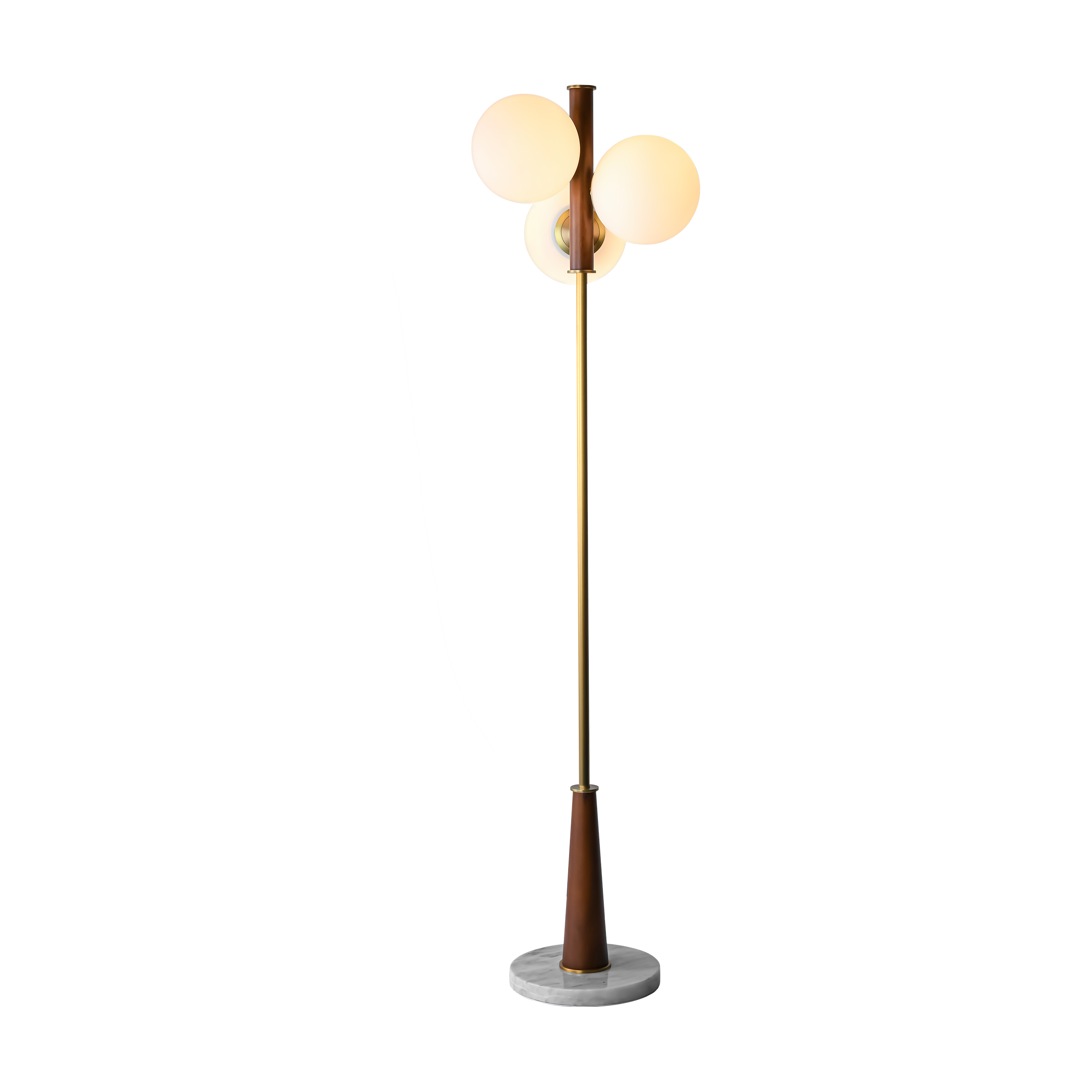 3 heads milk white glass Adair reddish brown oak floor lamp